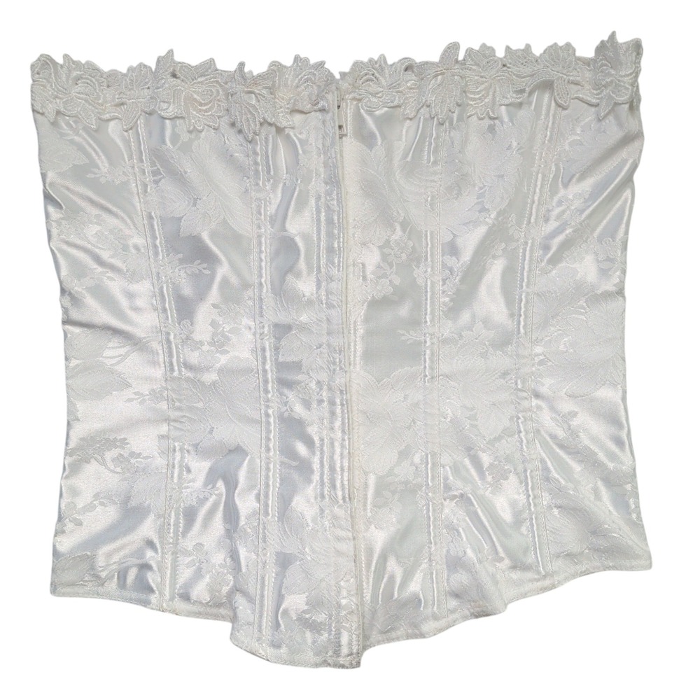 White Satin Floral Lace Up Corset Bustier Bridal Wedding Night‎ Size 36 Feminine - Picture 2 of 9